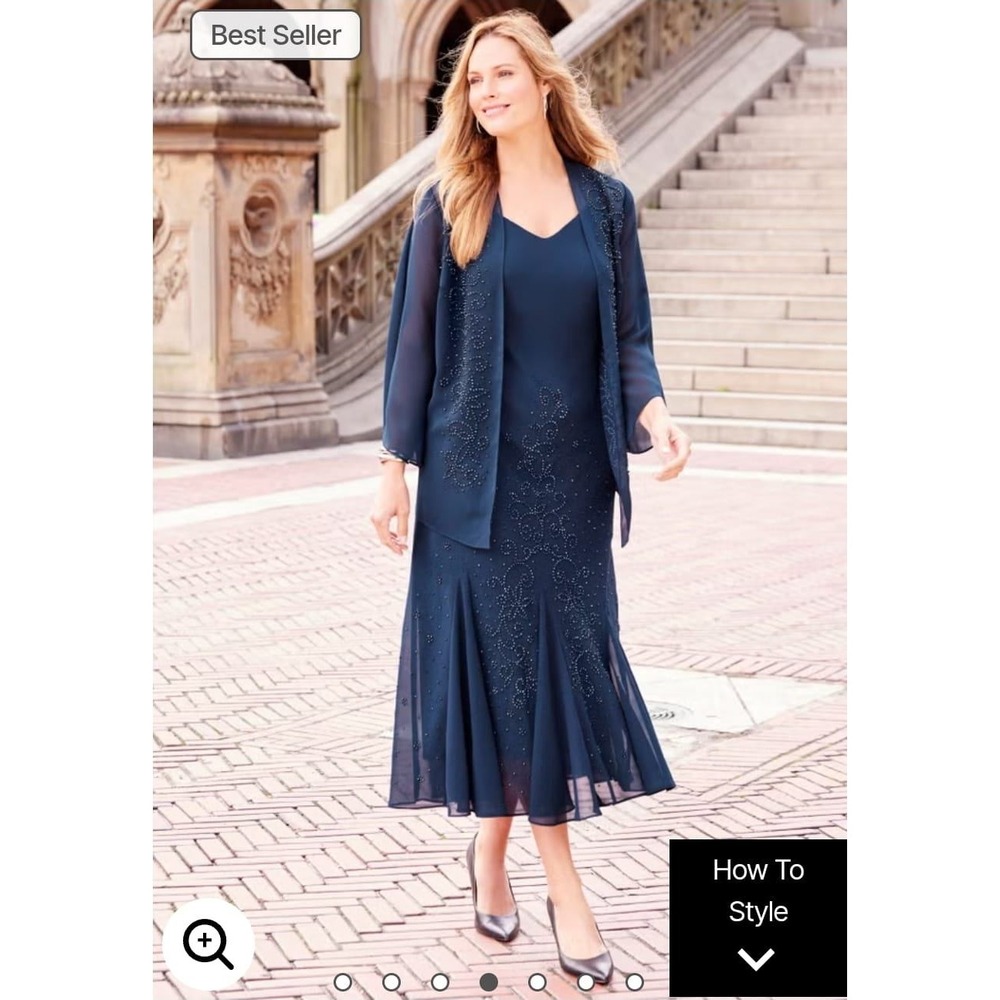 Catherines Navy Blue Beaded Dress Set 32W Plus Size Formal Maxi with Jacket